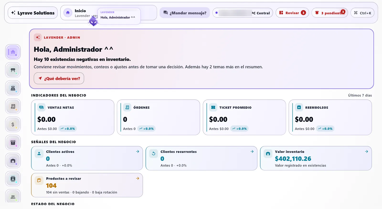 Panel principal de Lyra POS con indicadores de ventas, órdenes, ticket promedio, clientes e inventario